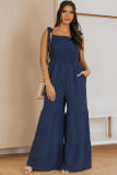Blue Tie Straps Shirred Bodice Tiered Wide Leg Jumpsuit