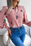 Feather Print Button Up Lantern Sleeves Shirt