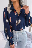 Feather Print Button Up Lantern Sleeves Shirt