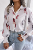 Feather Print Button Up Lantern Sleeves Shirt