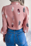 Feather Print Button Up Lantern Sleeves Shirt