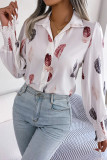 Feather Print Button Up Lantern Sleeves Shirt