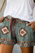 Western Aztec Print Drawstring Shorts with Pockets