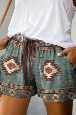 Western Aztec Print Drawstring Shorts with Pockets