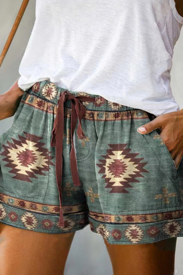Western Aztec Print Drawstring Shorts with Pockets