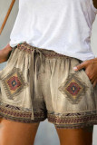 Western Aztec Print Drawstring Shorts with Pockets