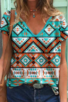 V Neck Short Sleeves Boho Aztec Print Top