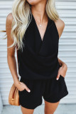 Black Plain V Neck Backless Sleeveless Romper