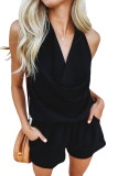 Black Plain V Neck Backless Sleeveless Romper