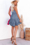Sky Blue Adjustable Straps Tiered Ruffle Denim Dress