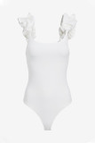 White Ruched Puff Strap Scoop Neck Bodysuit