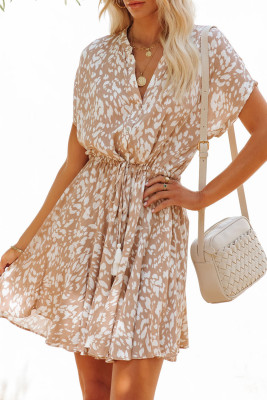 Pink Printed Tassel Drawstring Button V Neck Mini Dress