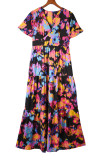 Black Abstract Floral Pattern Flutter Sleeve Tiered Maxi Dress
