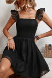 Black Mesh Net Flutter Sleeves Backless Swing Dress
