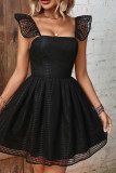 Black Mesh Net Flutter Sleeves Backless Swing Dress