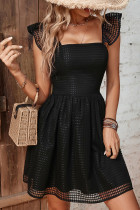Black Mesh Net Flutter Sleeves Backless Swing Dress