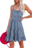 Sky Blue Adjustable Straps Tiered Ruffle Denim Dress