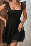 Black Mesh Net Flutter Sleeves Backless Swing Dress