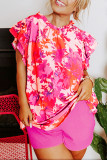 Rose Ruffle Tiered Sleeve Frill Neck Floral Plus Size Blouse
