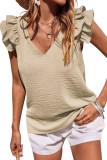 Khaki Ruffle Tiered Sleeve V Neck Tank Top