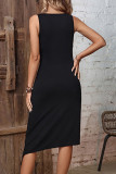 Black Irregular Hem Twist Smocked Dress