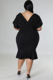 Black Plus Size Pleated V Neck Ruffle Hem Bodycon Dress