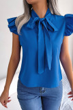 Plain Front Tie Collar Flutter Sleeves Blouse