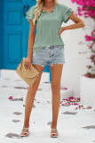 Plain Eyelet Pattern Split Collar Tiered Sleeves Top