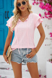 Plain Eyelet Pattern Split Collar Tiered Sleeves Top
