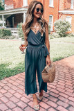 Black Surplice V Neck Wide Leg Jumpsuit
