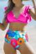 Rose V Neck Ruffles Floral Print High Waist Bikini
