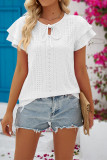 Plain Eyelet Pattern Split Collar Tiered Sleeves Top