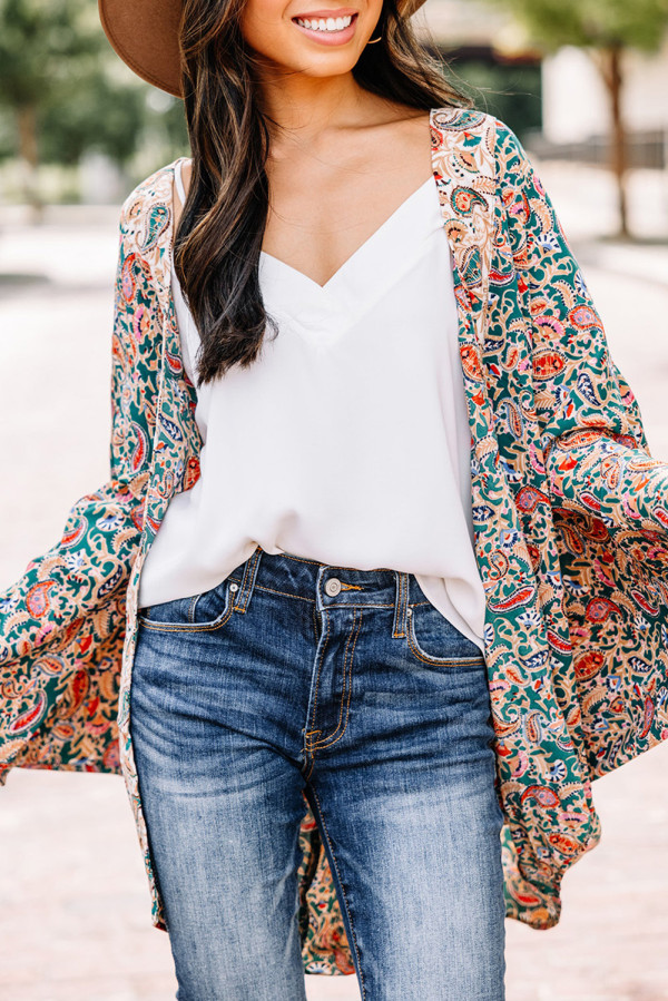 Green Paisley Floral Print Open Front Flowy Kimono