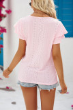 Plain Eyelet Pattern Split Collar Tiered Sleeves Top