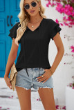 Plain Eyelet Pattern Split Collar Tiered Sleeves Top