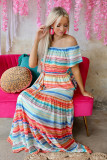 Stripe Print Lace-up Ruffled Off Shoulder Maxi Dress