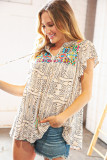 Beige Geometric Embroidered Spotted Print Tassel V Neck Blouse