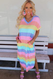 Multicolor Striped Side Split Pockets V Neck T Shirt Midi Dress