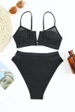 Black Spaghetti Straps Mesh Ribbed Knit Patchwork Bikini