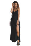 Black Spaghetti Straps Ribbed Lace up Back Maxi Dress