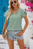 Plain Eyelet Pattern Split Collar Tiered Sleeves Top