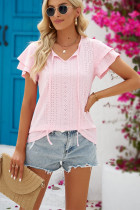 Plain Eyelet Pattern Split Collar Tiered Sleeves Top