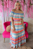 Stripe Print Lace-up Ruffled Off Shoulder Maxi Dress