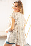Beige Geometric Embroidered Spotted Print Tassel V Neck Blouse