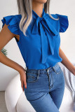 Plain Front Tie Collar Flutter Sleeves Blouse