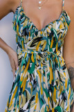 Green Abstract Printed Spaghetti Straps Ruffle Maxi Dress
