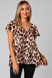 Brown Flutter Sleeves Leopard/Abstract Print V Neck Top