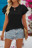 Plain Eyelet Pattern Split Collar Tiered Sleeves Top