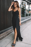 Black Spaghetti Straps Ribbed Lace up Back Maxi Dress
