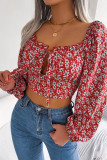 Frilled Square Neck Split Collar Smocked Floral Crop Top